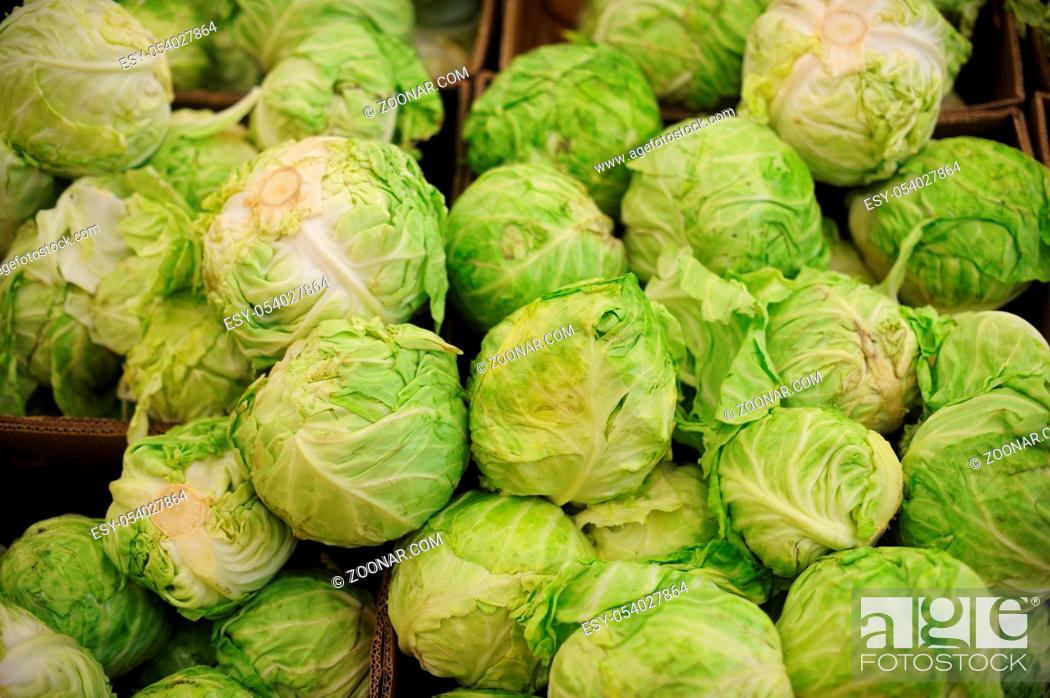 Stock Photo: Group of green cabbages in a supermarket.