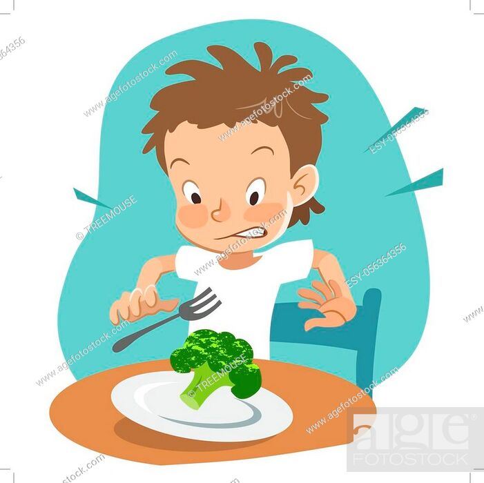 Vector hand drawn cartoon character illustration of a boy sitting at table  with a plate of broccoli, Stock Vector, Vector And Low Budget Royalty Free  Image. Pic. ESY-056364356 | agefotostock