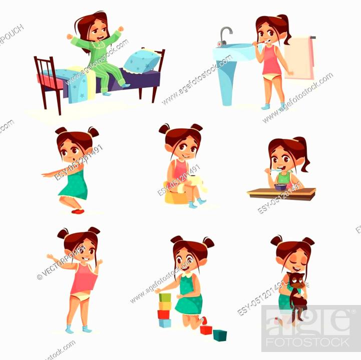 Vector cartoon girl daily routine activity set. Female character wake up,  stretch, Stock Vector, Vector And Low Budget Royalty Free Image. Pic.  ESY-051201491 | agefotostock