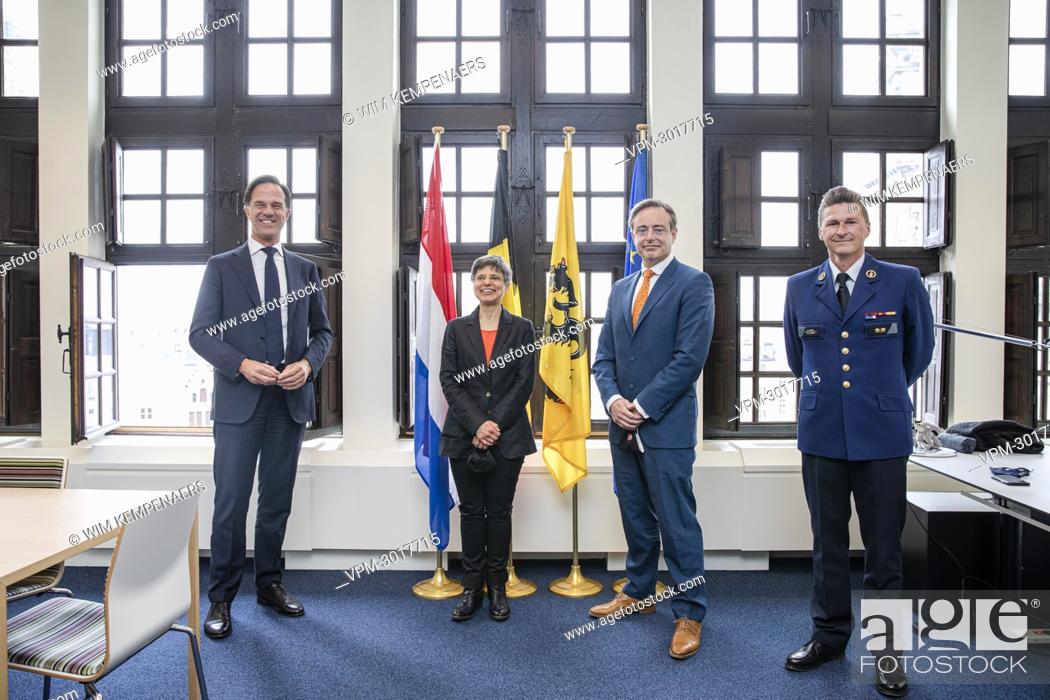 Stock Photo: Prime Minister of the Netherlands Mark Rutte, Antwerp province governor Cathy Berx, Antwerp Mayor Bart De Wever and Antwerp Police's Karl Heeren pictured at the.
