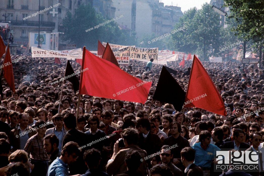 Stock Photo: Crowds during a demonstration of May 1968 protests in France. An enormous demonstration, organised by the trade unions to protest against the government.