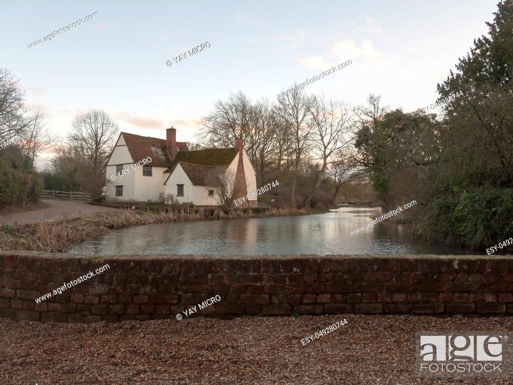 Stock Photo: willy lotts cottage autumn winter flatford with wall in picture; essex; england; uk.