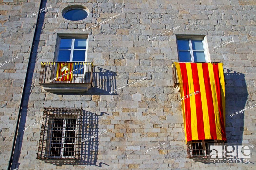 Stock Photo: balcony with Catalan flag, old hospital of Santa Caterina, Girona, Catalonia, Spain.