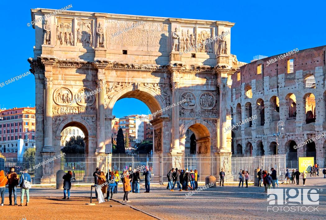 Stock Photo: Arch of Constantine on Via Triumphalis with Colosseum, Rome, Lazio, central Italy, Italy.