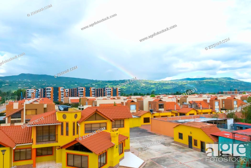 Stock Photo: Cajica, Colombia June 7 Panorama view of Sabana district one of the newest districts of Northern Bogota The metropolis continues to grow by incorporating farms.