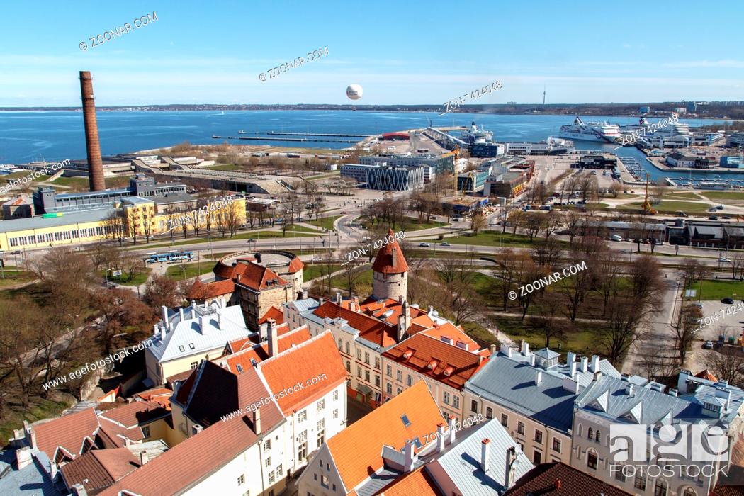 Stock Photo: TALLINN, ESTONIA - APRIL 25, 2015 : Top view of industrial zone and marina of Tallinn, on blue sky background.