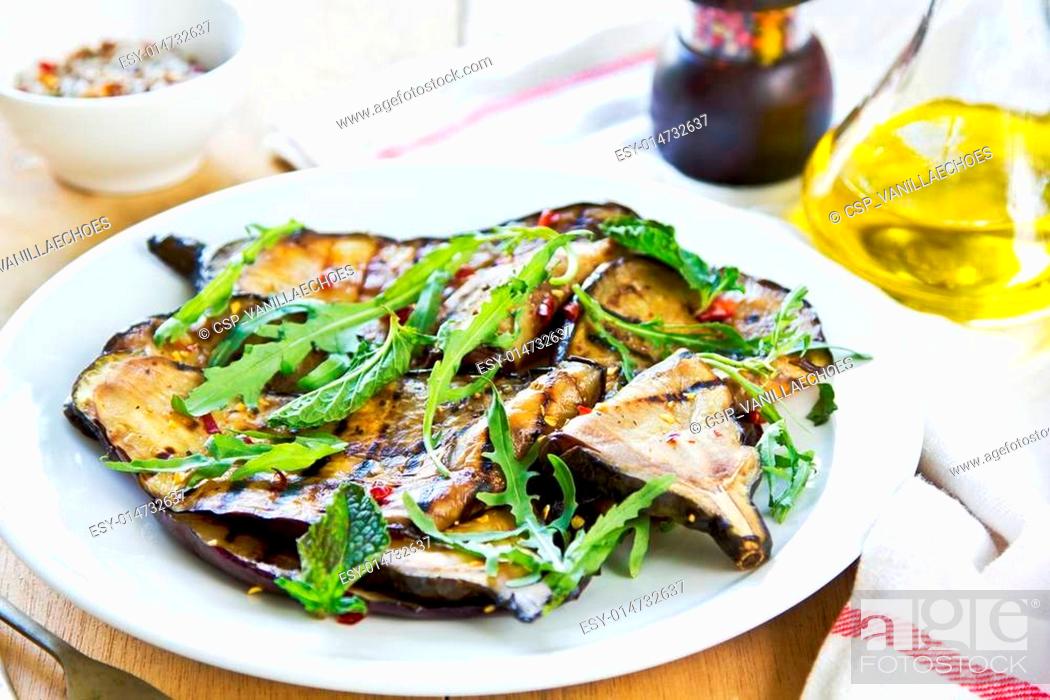 Stock Photo: Grilled Aubergine salad with Rocket.