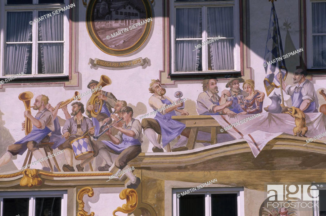 Stock Photo: Germany, Bavaria, head bunting district, House facade, Lüftlmalerei, detail  Upper Bavaria, birthplace Ludwig Thoma, house, Facade, painting, sight, concept.