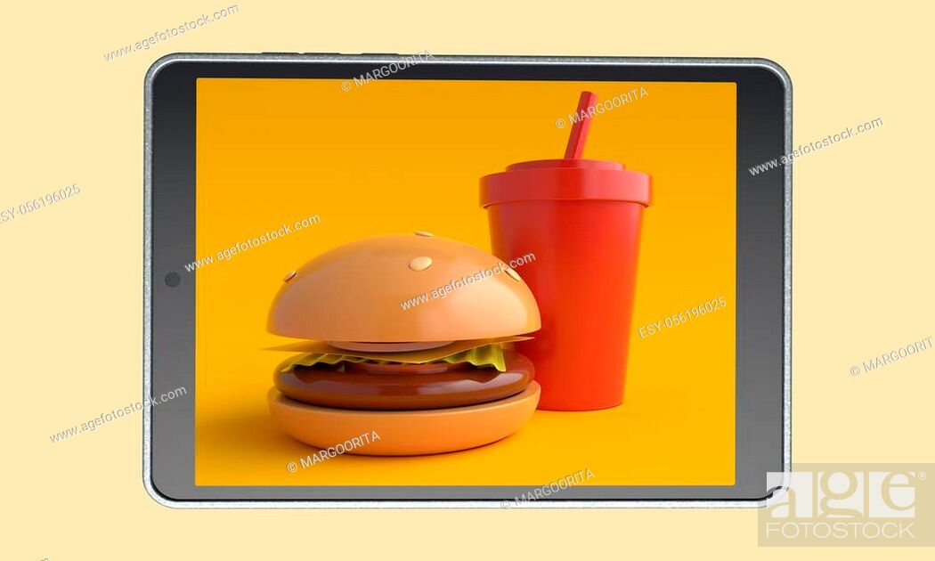 Stock Photo: Order food online. Fast food on tablet. 3d rendering.