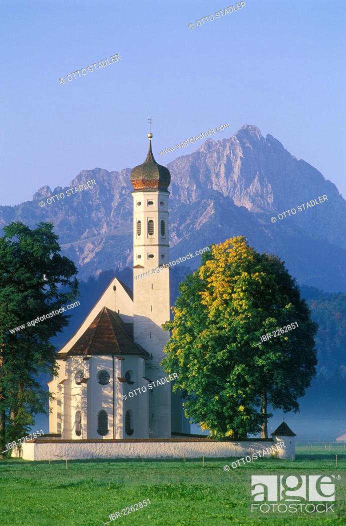 Stock Photo: Pilgrimage church of St. Coloman, Schwangau near Fuessen, Bavarian Alps, Allgaeu, Upper Bavaria, Bavaria, Germany, Europe.