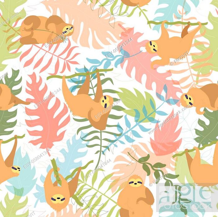 Vector seamless pattern illustration of cute character sloth with jungle  leaves, Stock Vector, Vector And Low Budget Royalty Free Image. Pic.  ESY-058041344 | agefotostock