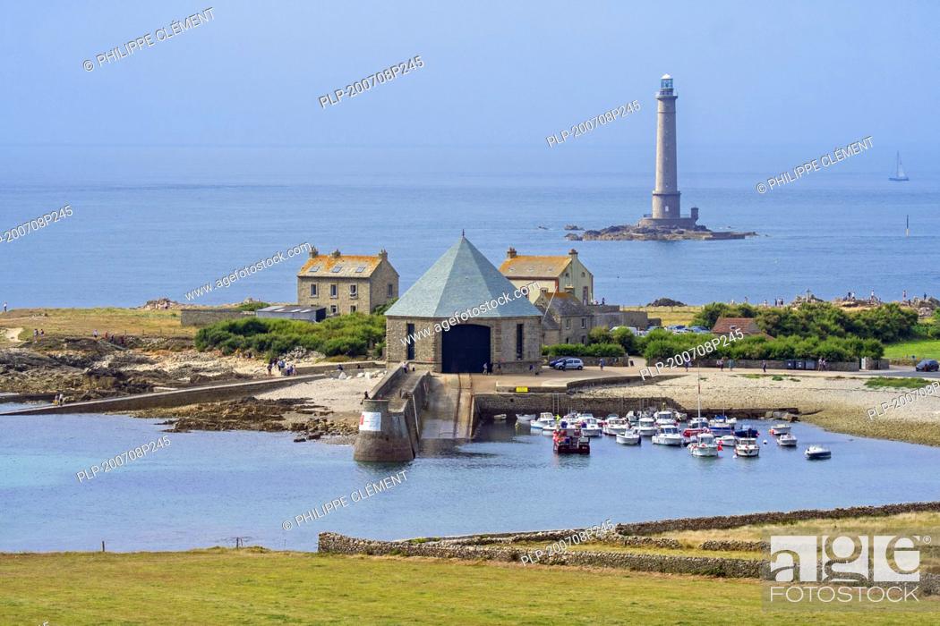 Stock Photo: Phare de Goury lighthouse and lifeboat station in the port near Auderville at the Cap de La Hague, Cotentin peninsula, Lower Normandy, France.