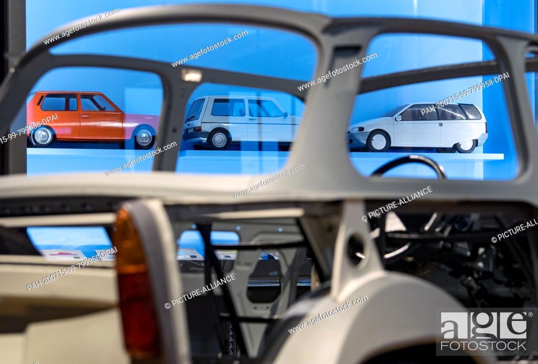 Stock Photo: 10 July 2020, Saxony, Zwickau: Model designs (l-r) for the Trabant P603 by Lothar Sachse, Karl Clauss Dietel and Lutz Rudolph.