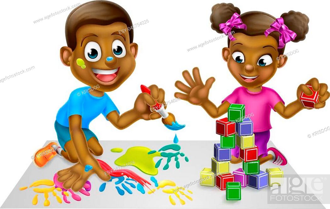 Cartoon Boy And Girl Playing With Paints And Toy Building Blocks