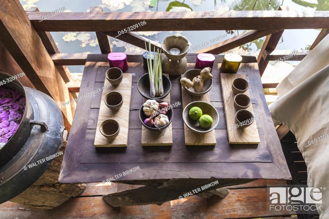 Stock Photo: Cambodia, Battambang, Wat Kor Village, garden spa, massage herbs.