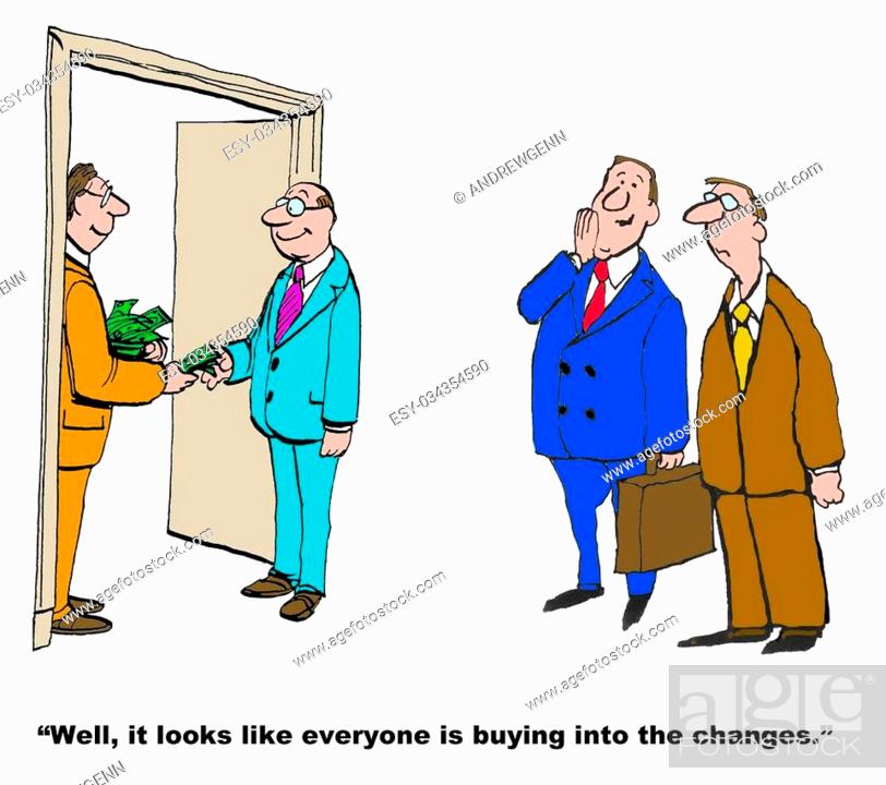 Business cartoon of manager handing money to employees and boss saying, '.,  Stock Photo, Picture And Low Budget Royalty Free Image. Pic. ESY-034354590  | agefotostock