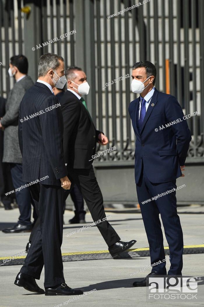Stock Photo: King Felipe VI of Spain, Pedro Sanchez, Prime Minister attends '40th anniversary of February 23, 1981' at Congress of Deputies on February 23, 2021 in Madrid.