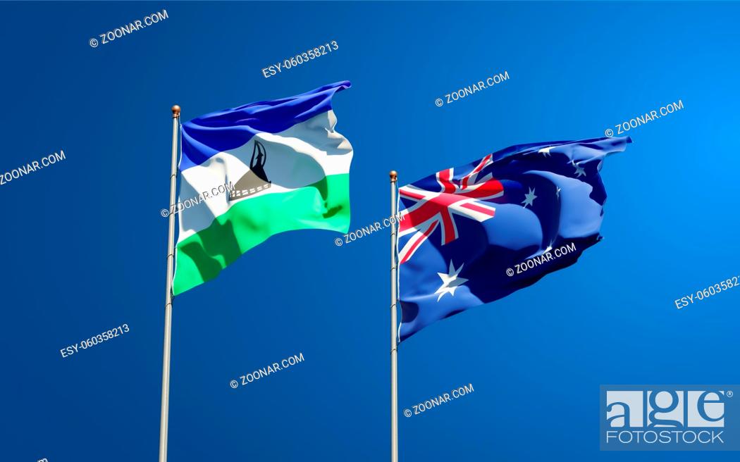 Stock Photo: Beautiful national state flags of Lesotho and Australia together at the sky background. 3D artwork concept.