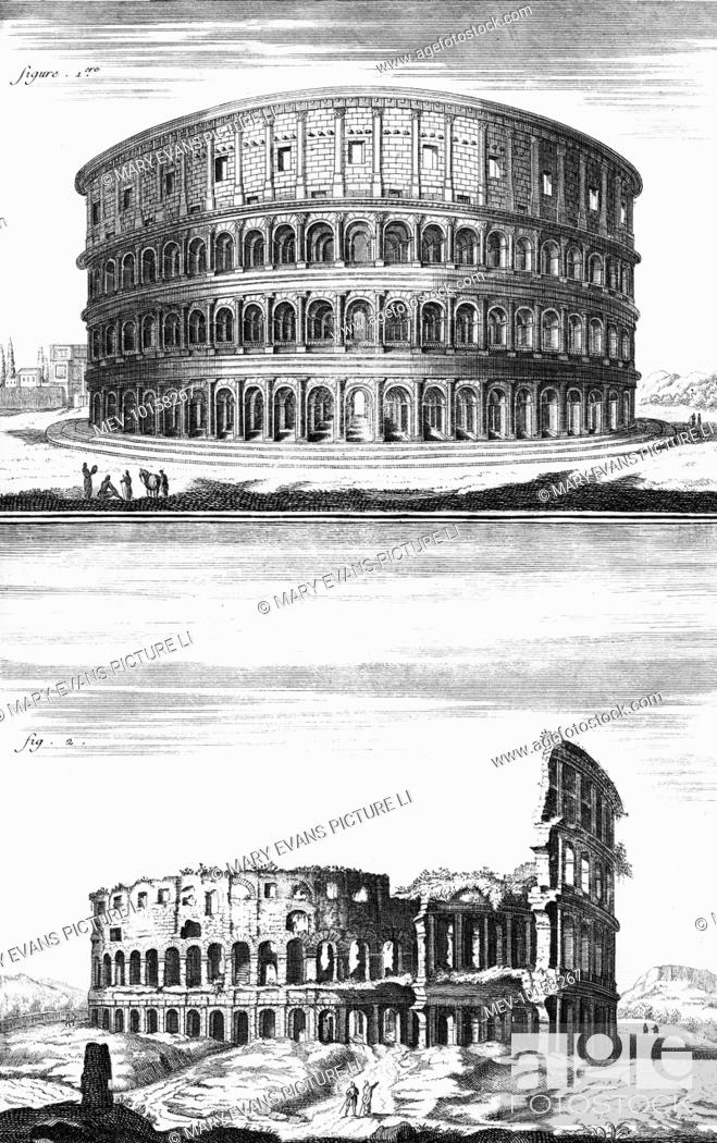 Stock Photo: The COLOSSEUM in Rome built in the 1st century and its ruins in the 18th century.
