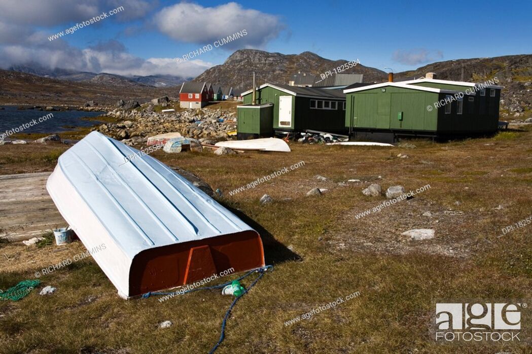 Stock Photo: Houses and boat in Nanortalik, Island of Qoornoq, Province or Kitaa, Southern Greenland.