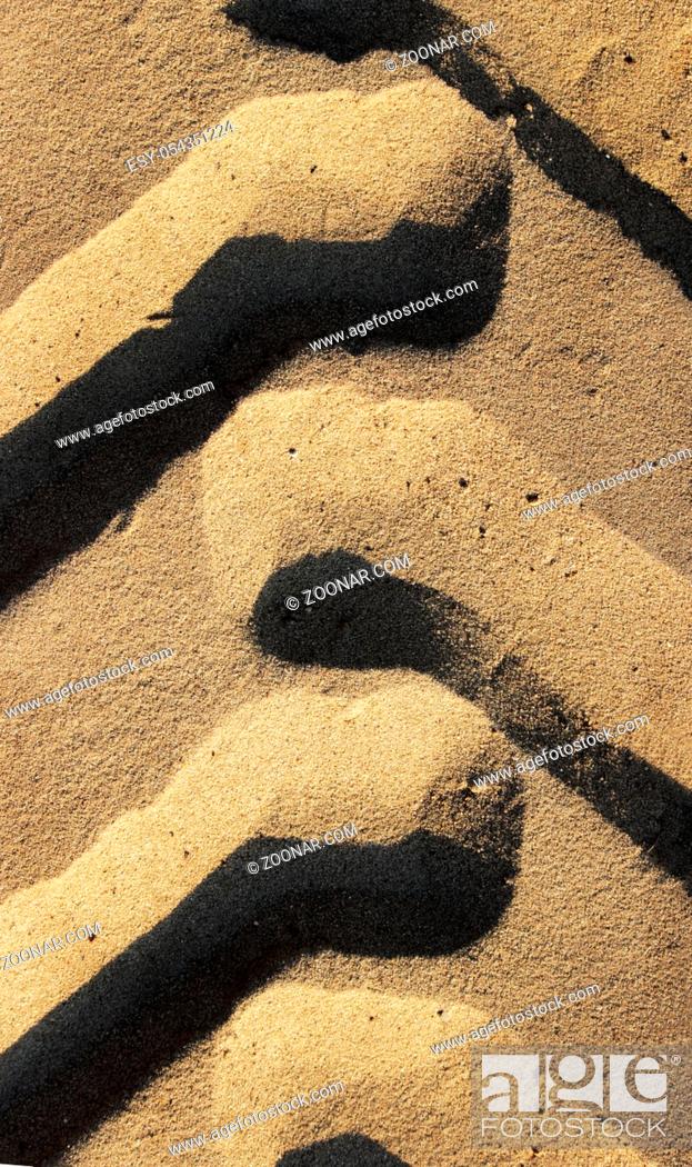 Stock Photo: Fresh tracks in sand of a heavy construction vehicle are run into the distance. Tire tracks of a large vehicle in sand on a building area to road.