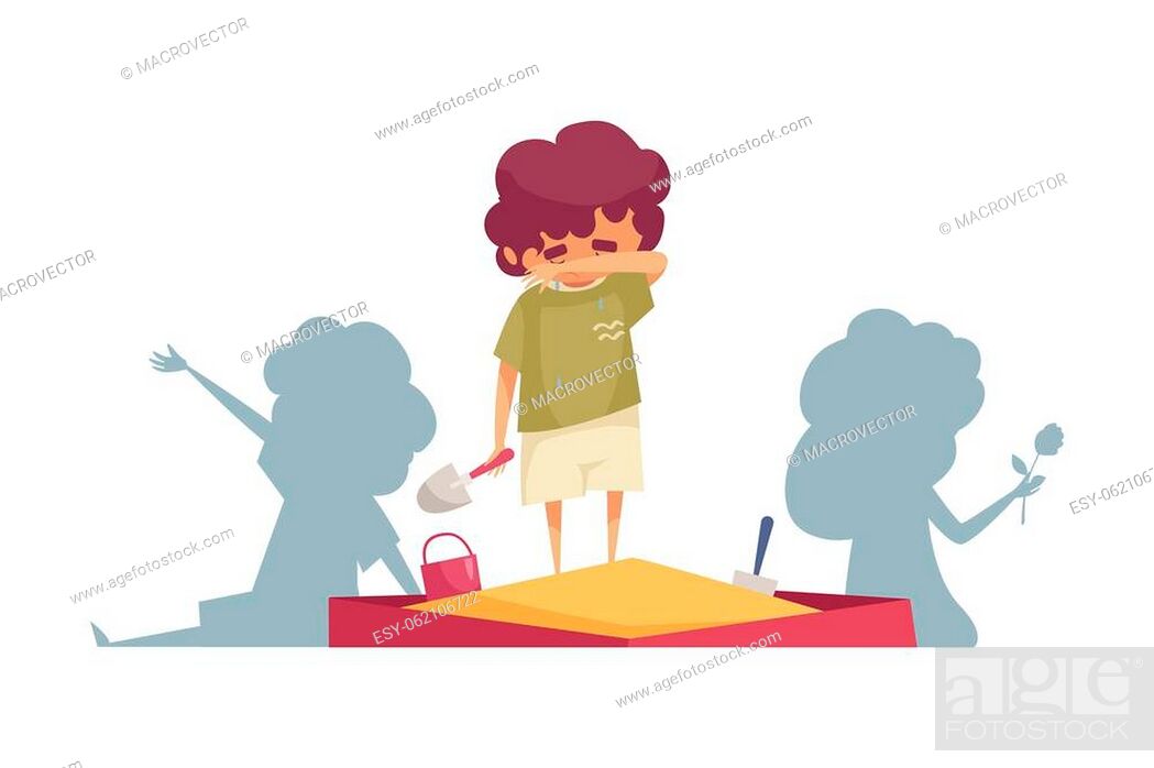 Sad boy crying in sandpit on background with silhouettes of happy children  cartoon vector..., Stock Vector, Vector And Low Budget Royalty Free Image.  Pic. ESY-062106722 | agefotostock