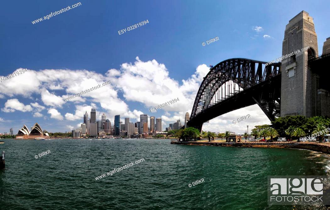 Stock Photo: Panorama of Sydney Cove and the Harbour of Sydney, Australia, view on the Skyline of Sydney and the Sydney Opera House. Seen from Kirribilli.