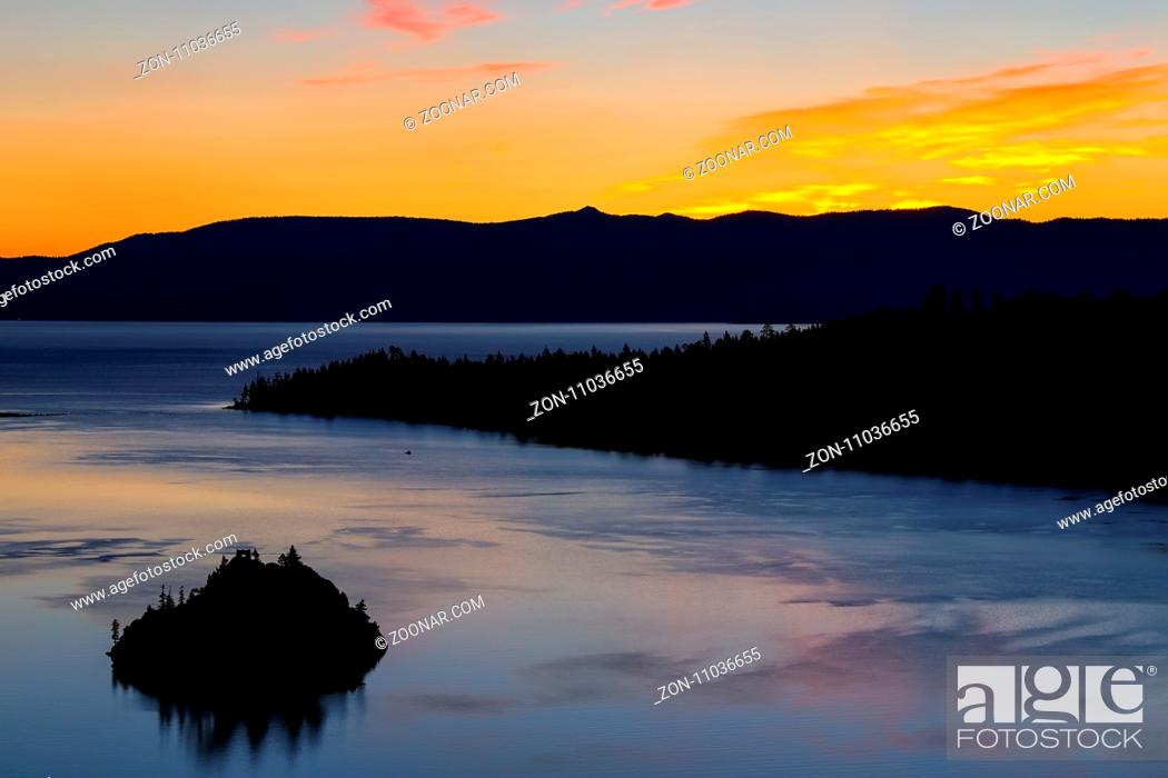 Stock Photo: Sunrise over Emerald Bay at Lake Tahoe, California, USA. Lake Tahoe is the largest alpine lake in North America.