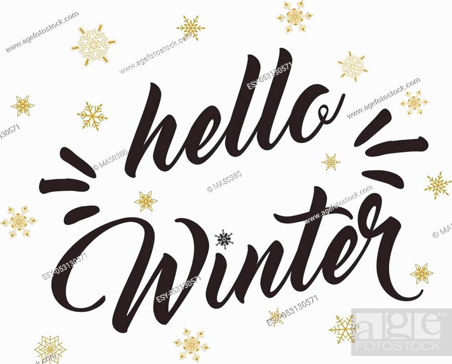 Vector: Hello winter text and golden snowflakes. Winter season greeting card design. Isolated on white.