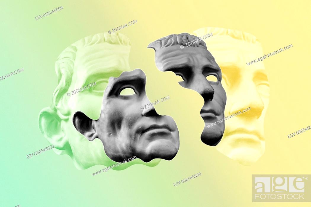 Stock Photo: Collage with plaster antique sculpture of human face in a pop art style. Modern creative concept image with ancient statue head. Zine culture.