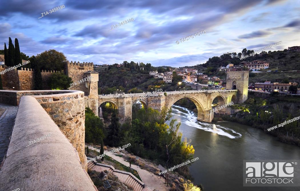 Stock Photo: Puente de San Martin, a medieval bridge over Tagus river. Toledo, Castile-La Mancha. Spain.
