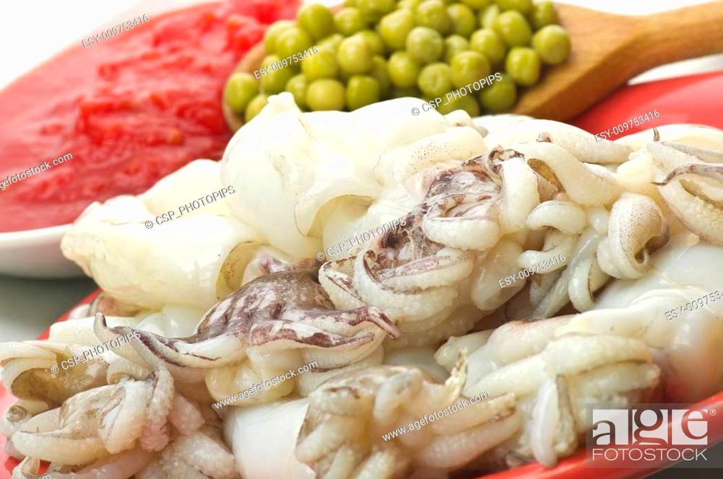 Stock Photo: fresh cuttlefish with peas and sauce.