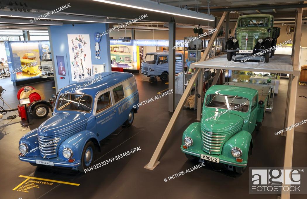 Stock Photo: 04 February 2022, Saxony, Frankenberg: The Barkas V901/2, also known as Framo, is on display in the ""Zeitwerkstadt"" museum.
