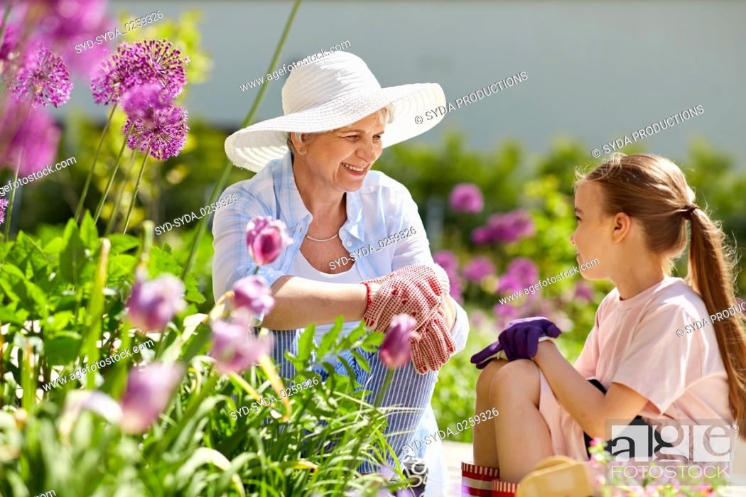 Stock Photo: grandmother and girl with flowers at summer garden.