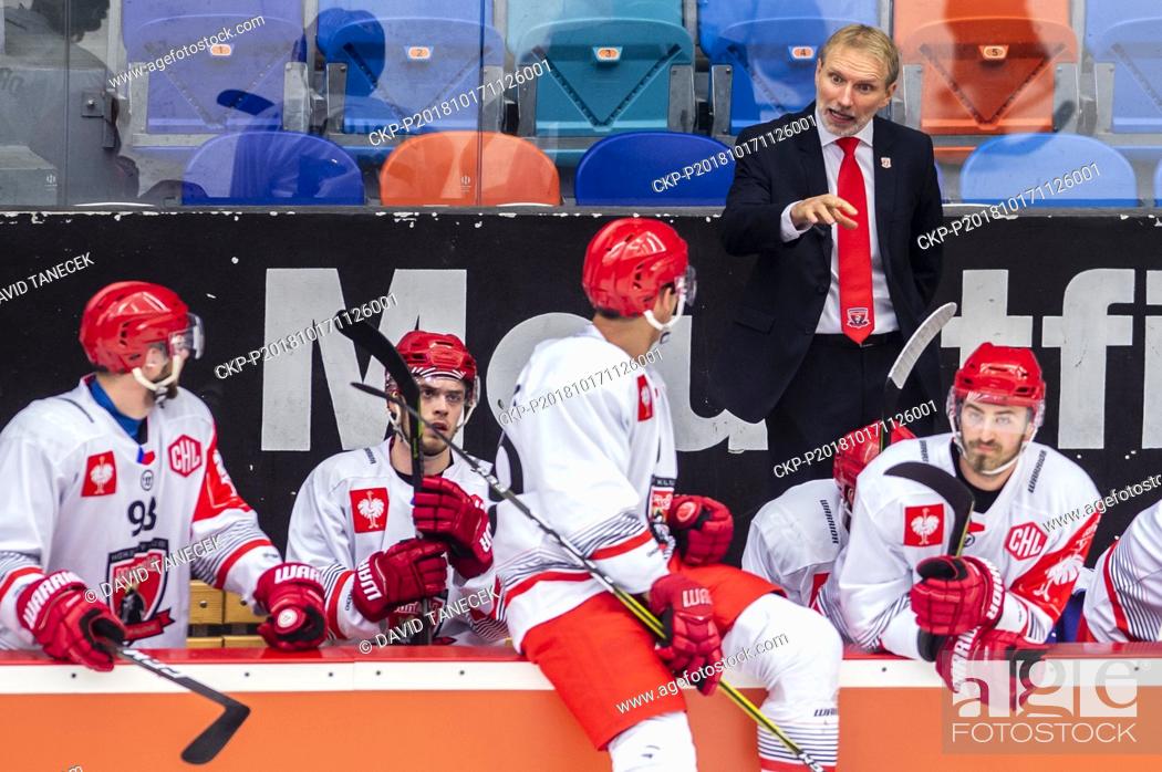 Stock Photo: Coach of Hradec Tomas Martinec in action during the Champions Hockey League, group F match Mountfield Hradec Kralove vs Kaerpaet Oulu in Hradec Kralove.