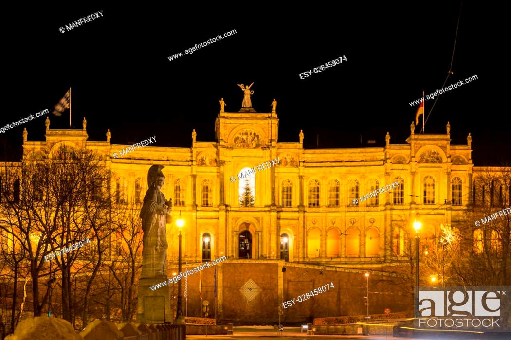 Stock Photo: Maximilianeum, housing the bavarian parliament in Munich at night.
