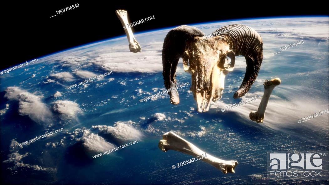 Stock Photo: rams skull with bones at Earth orbit. elements furnished by Nasa.