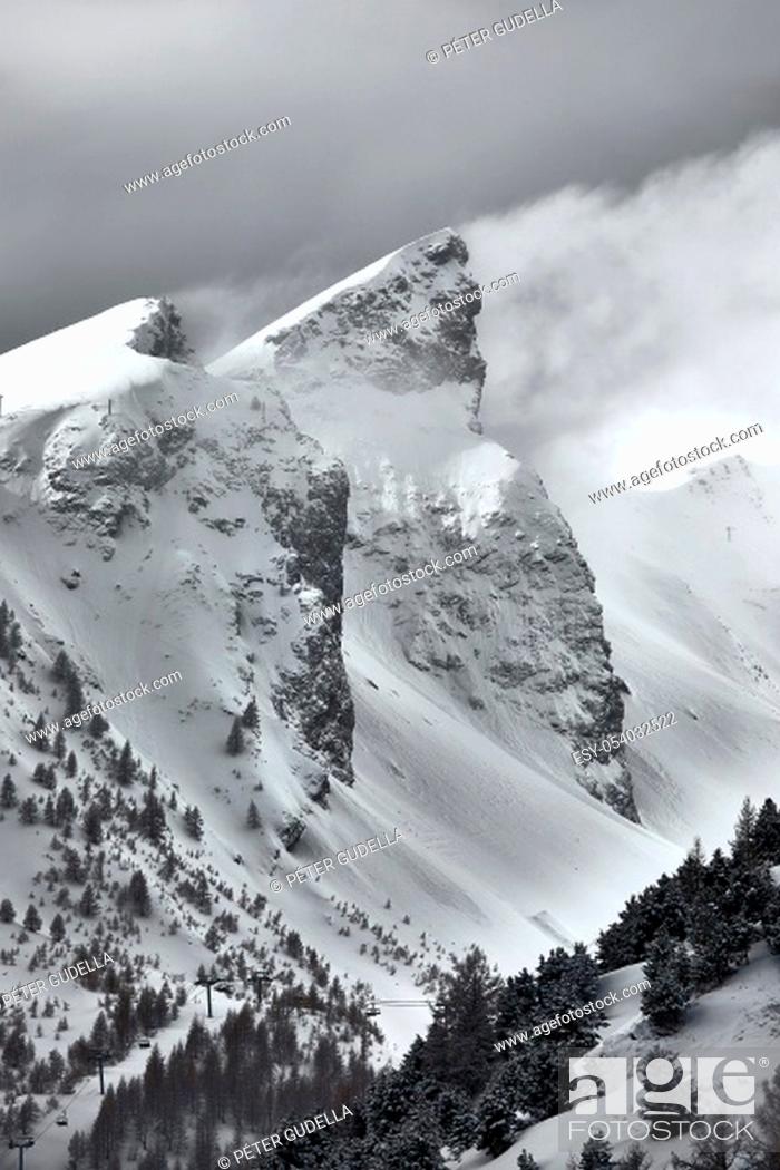 Stock Photo: Snowy mountains in, iconic peaks at Val d'Allos.