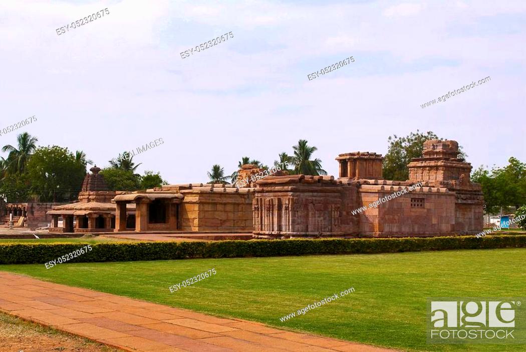 Stock Photo: Galaganatha Group of temples, Aihole, Bagalkot, Karnataka, India. From right - Suryanarayana Temple, Lad Khan Temple, and Chakra Gudi temple.