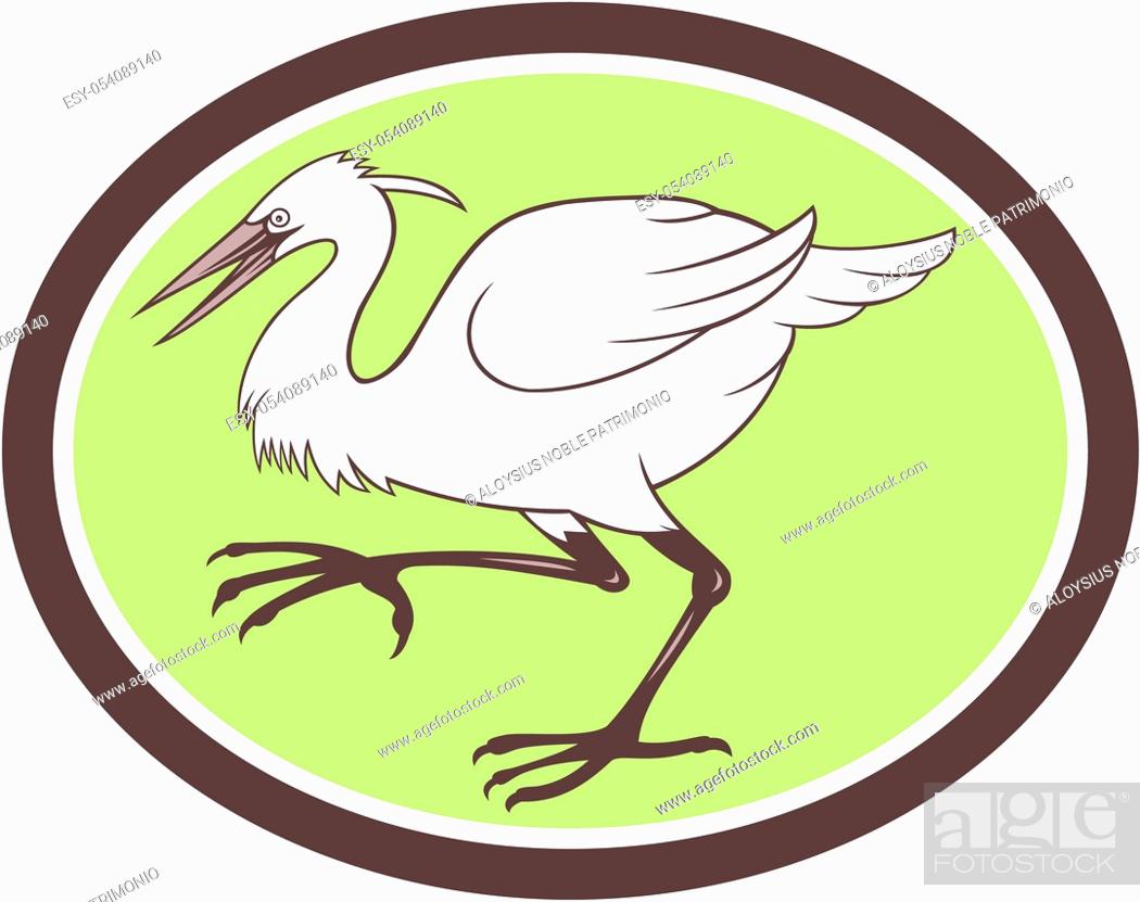 Stock Photo: Illustration of a egret heron crane walking side set inside oval shape on isolated white background done in cartoon style.