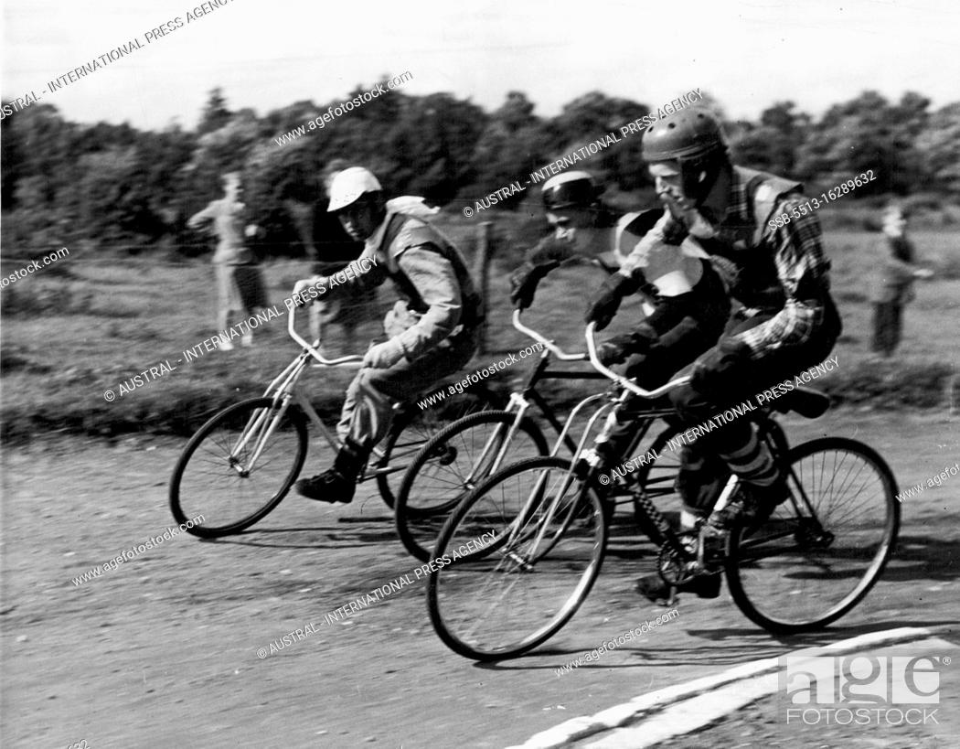Stock Photo: The battle for positions at the first bend is just as important in these cycle speedway races as it is with the motor-bikes. October 01, 1953.