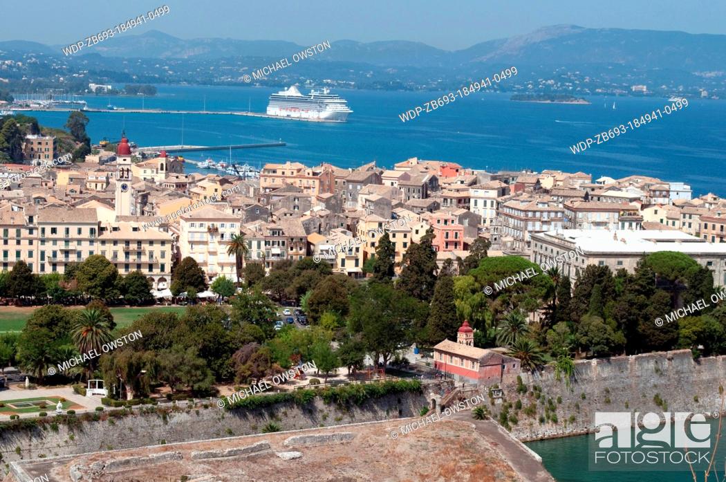 Stock Photo: view from Castel Nuovo lighthouse Old Fortress Corfu Town Corfu Greece.