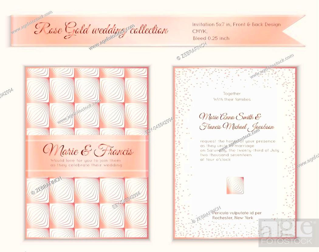 Stock Vector: Luxury wedding invitation template with rose gold shiny realistic ribbon. Back and front 5x7 card layout with pink golden pattern on white. Isolated.