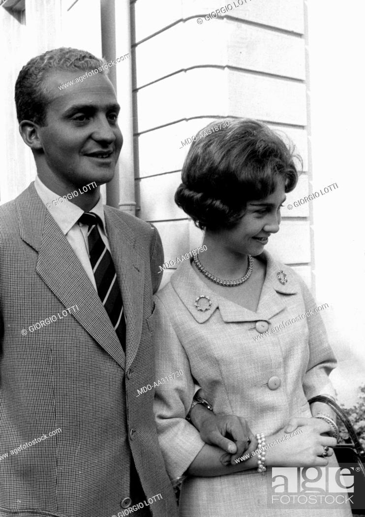 Stock Photo: Juan Carlos of Spain with Sophia of Greece. The Spanish prince Juan Carlos of Bourbon going arm in arm with fiancee Sophia of Greece.