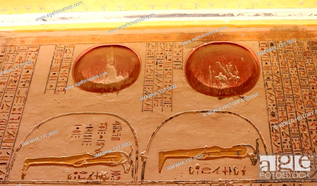 Stock Photo: Wall frieze from the tomb of Ramesses VI. Tomb KV9 in Egypt's Valley of the Kings was originally constructed by Pharaoh Ramesses V.