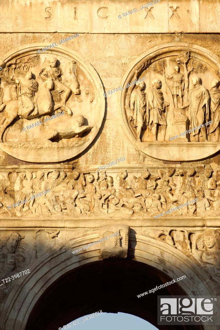 Stock Photo: Rome (Italy). Architectural detail of the Arch of Constantine near the Colosseum in Rome.