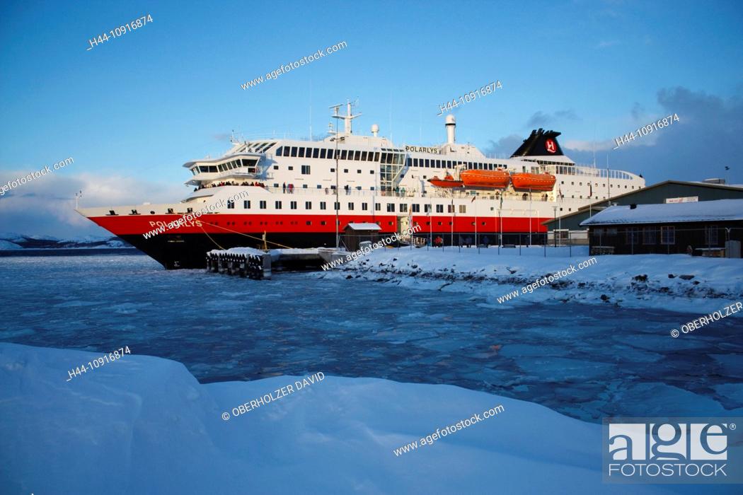 Stock Photo: Europe, Scandinavia, Norway, Hurtigruten, sea cruise, MS, Polarlys, cruise, ship journey, cold, mailboat, packet ship, Kirkenes, iceboundly, ice, sea ice.