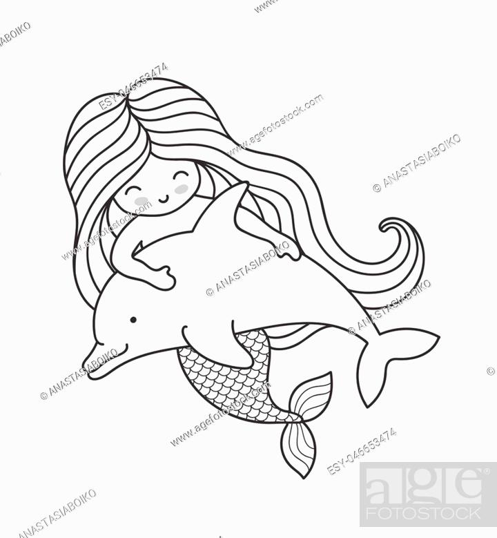 Mermaid, swimming with cute dolphin. Cartoon character. Vector outline  illustration, Stock Vector, Vector And Low Budget Royalty Free Image. Pic.  ESY-046653474 | agefotostock