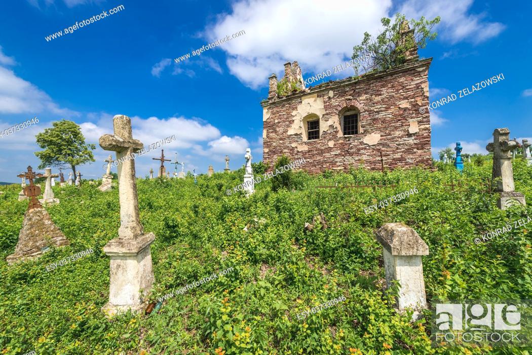 Stock Photo: Poninski family burial chapel on the old cemetery near ruined castle in former Chervonohorod village in Zalischyky region, Ternopil Province, Ukraine.