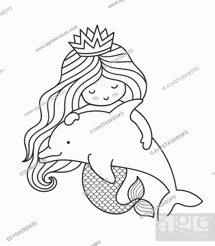 Kawaii mermaid, hugging dolphin. Cartoon character, vector outline  illustration, Stock Vector, Vector And Low Budget Royalty Free Image. Pic.  ESY-046589650 | agefotostock